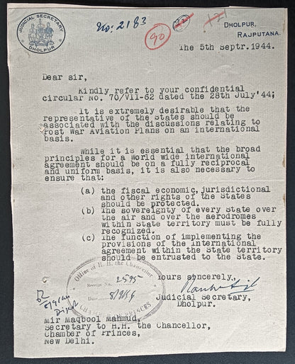 India 1944 crested letter JUDICIAL SECRETARY / DHOLPUR STATE signed