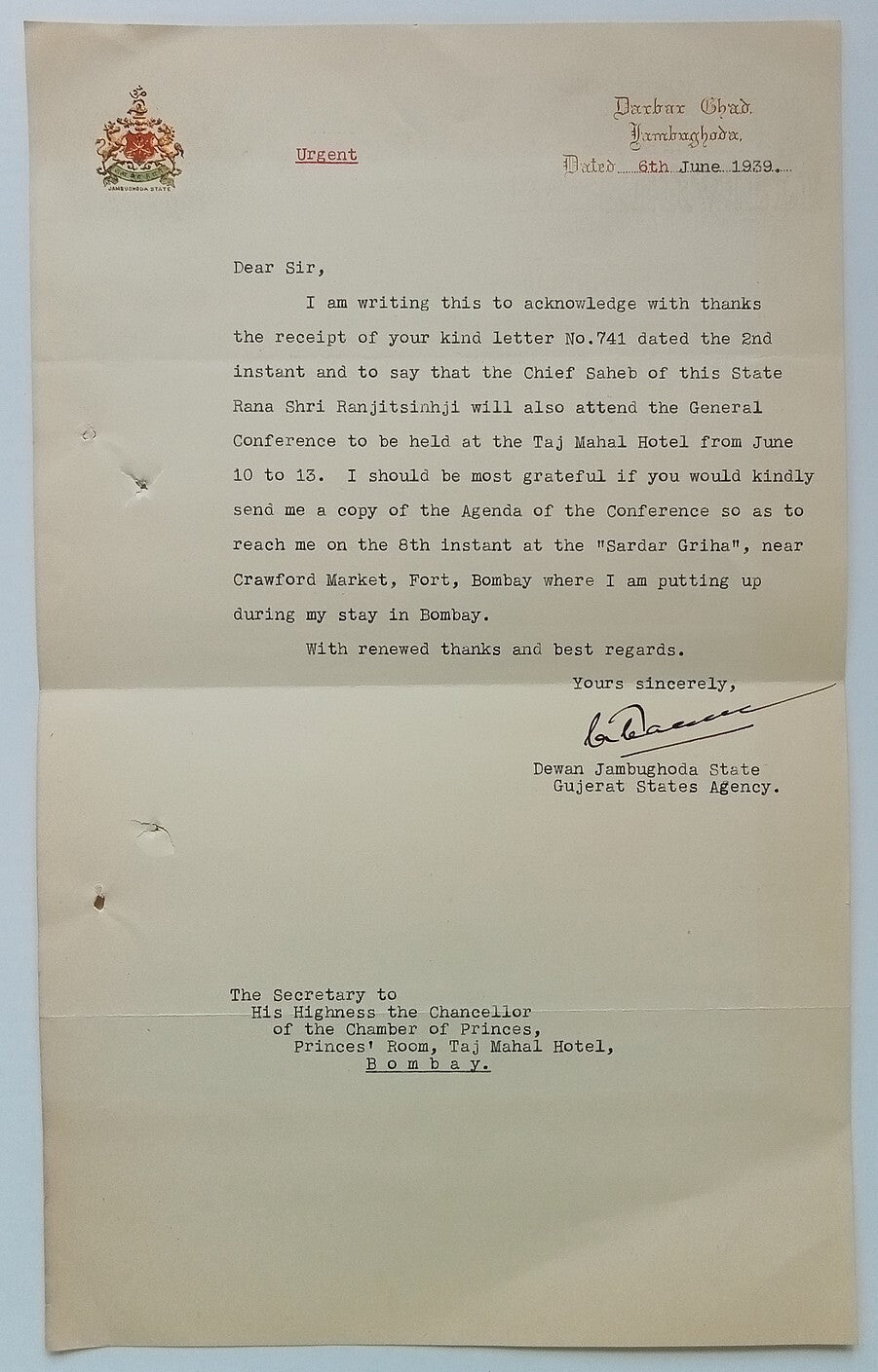JAMBUGHODA STATE India 1939 multicolour crested letter signed by the Diwan