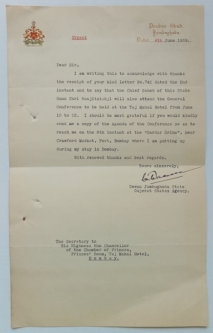 JAMBUGHODA STATE India 1939 multicolour crested letter signed by the Diwan
