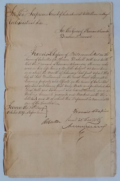 AOP India King George IV 1819 Fort William, Calcutta document
