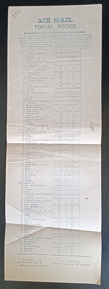 India AIR MAIL POSTAL NOTICE 15 Nov 1936 Xmas NY Air Mails for Foreign Countries