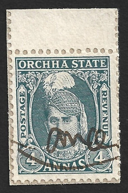 India ORCHHA State 1939-42 4a fiscal used on piece. SG 40
