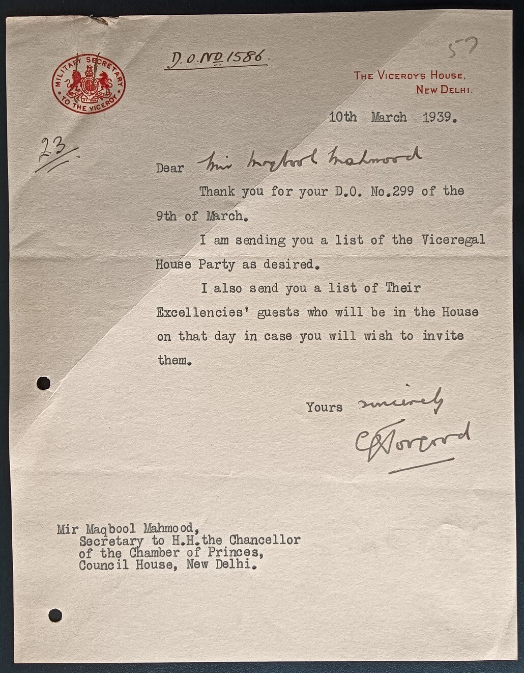 India 1939 crested letter MILITARY SECRETARY TO THE VICEROY signed