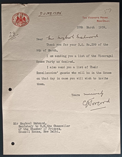 India 1939 crested letter MILITARY SECRETARY TO THE VICEROY signed