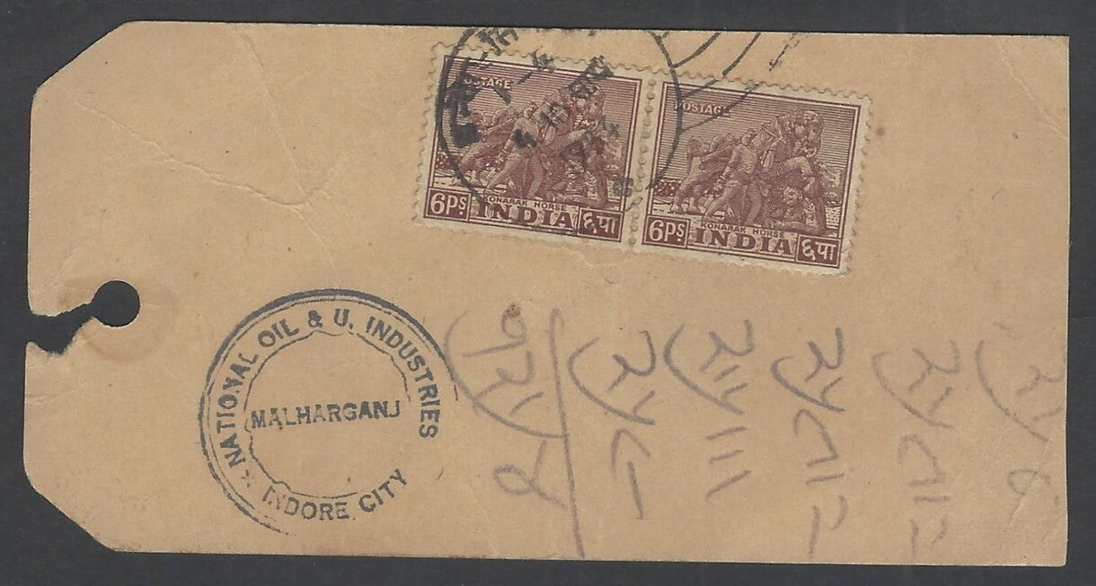 India 1953 parcel tag with 1949 Archaeological 6p Konarak Horse pair