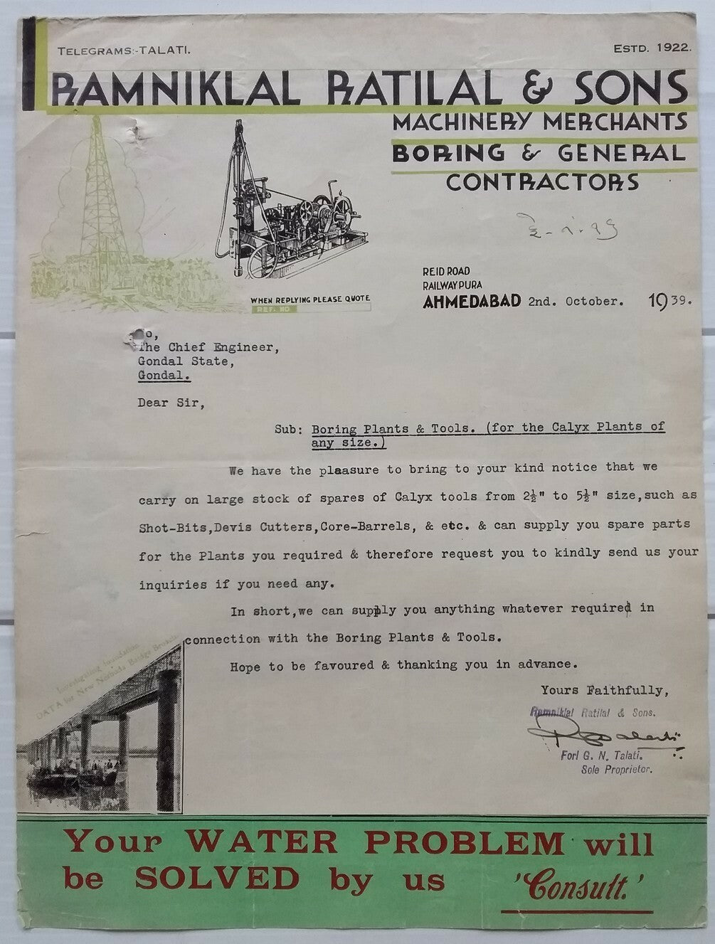 India 1939 illus letterhead cum advert Boring & General Contractors Ahmadabad