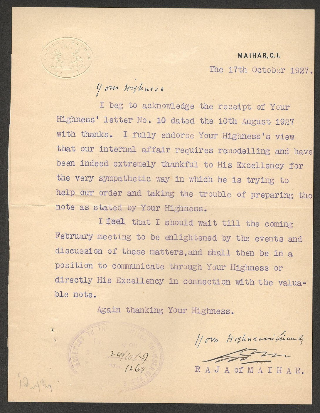 India 1927 crested letter signed RAJA of MAIHAR Brijnath Singh