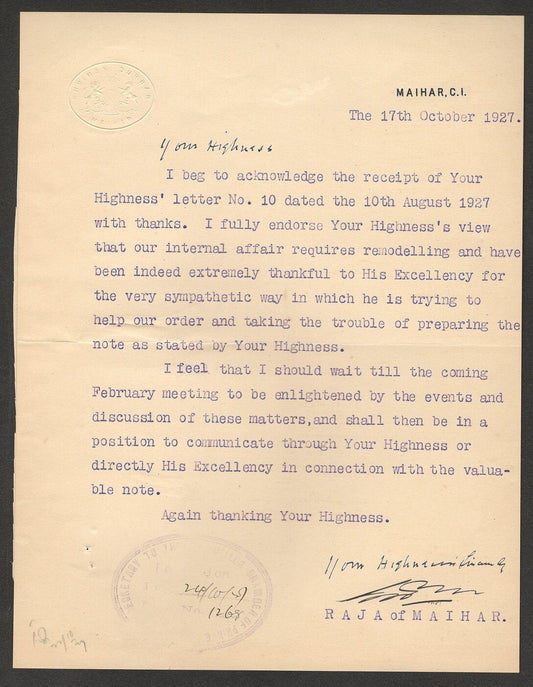 India 1927 crested letter signed RAJA of MAIHAR Brijnath Singh