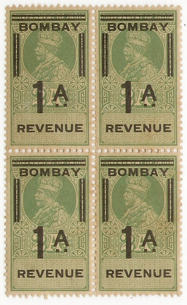 India BOMBAY 1915 KGV Revenue 1a UM MNH block of 4