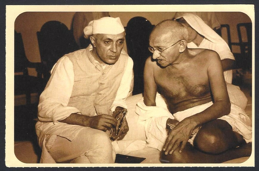 AOP India full back pictorial 50p Gandhi postal card GANDHI JAWAHARLAL NEHRU
