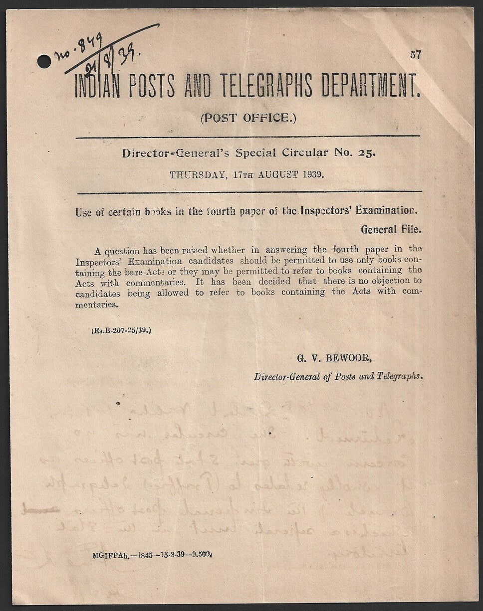 India 1939 POSTAL NOTICE Postal Inspector's Examination