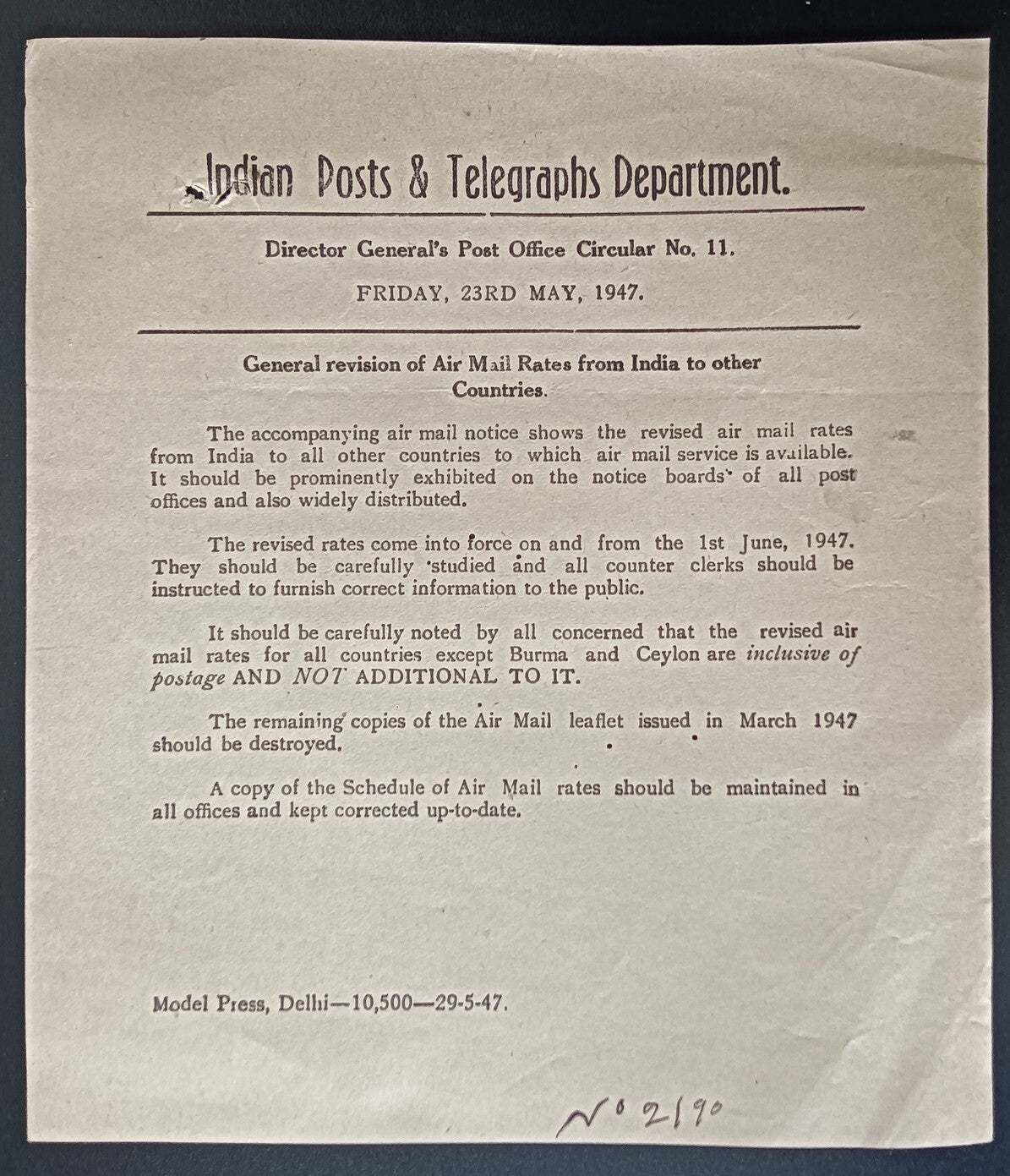 India POSTAL NOTICE 13 23 May 1947 Revision Air Mail Rates by Country + CIRCULAR