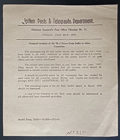 India POSTAL NOTICE 13 23 May 1947 Revision Air Mail Rates by Country + CIRCULAR