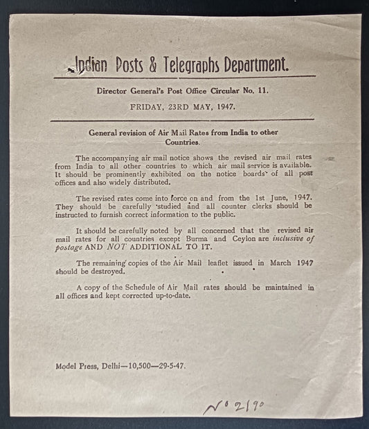 India POSTAL NOTICE 13 23 May 1947 Revision Air Mail Rates by Country + CIRCULAR