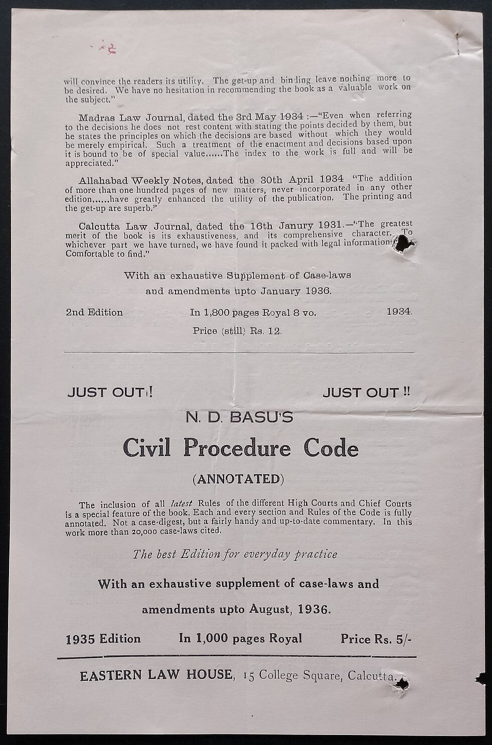 AOP India Eastern Law House, Calcutta Feb 1937 Book List