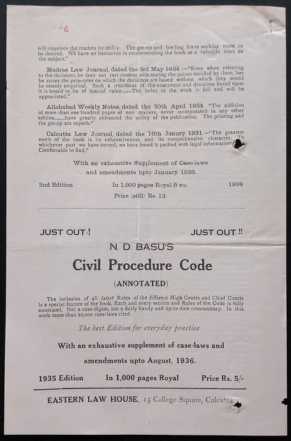 AOP India Eastern Law House, Calcutta Feb 1937 Book List