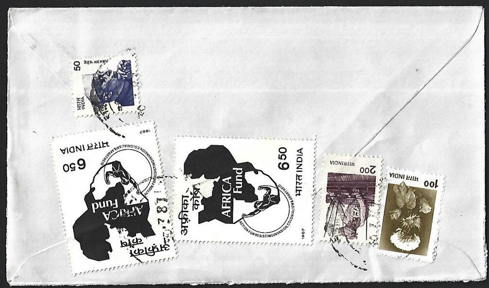 India 1987 Africa Fund 6.50R x 2 on registered cover to Finland