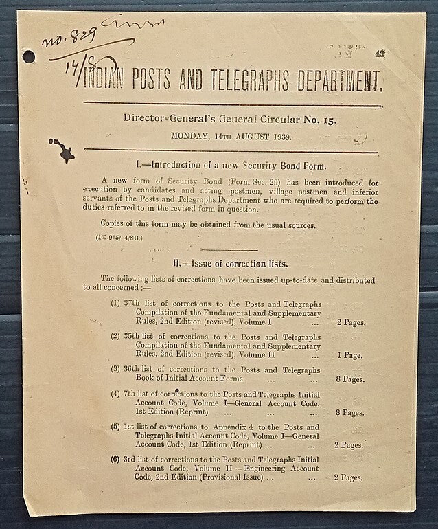 India 1939 POSTAL NOTICE several topics