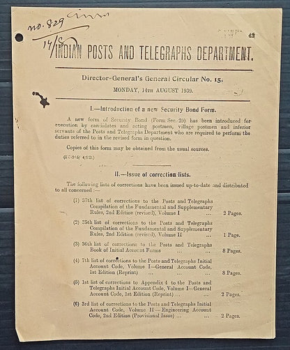 India 1939 POSTAL NOTICE several topics