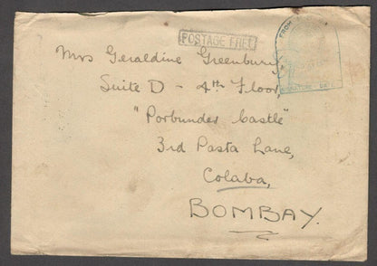 India late use of Bombay B-1 duplex on WW2 cover with boxed POSTAGE FREE cachet
