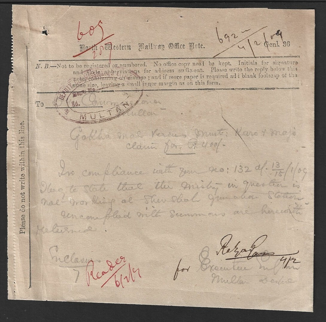 India NORTH WESTERN RAILWAY OFFICE NOTE 1909