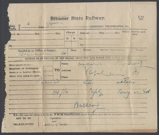 AOP India Bikaner State Railway telegram form used