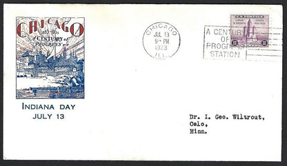 US Jul 13 1933 CENTURY OF PROGRESS Indiana Day cover