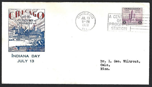 US Jul 13 1933 CENTURY OF PROGRESS Indiana Day cover