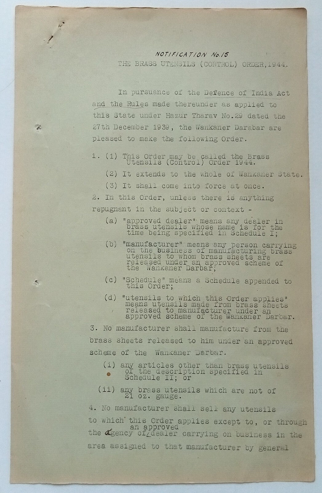 India 1945 BRASS CONTROL ORDER signed Amar Singh MAHARAJA WANKANER