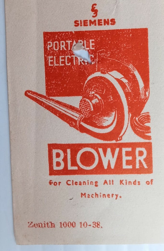 AOP India 1939 illustrated letterhead SIEMENS PORTABLE ELECTRIC BLOWER  Bombay
