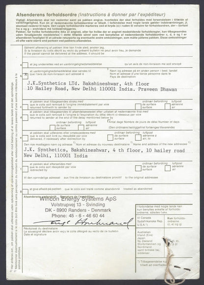 AOP Denmark parcel card to India 
