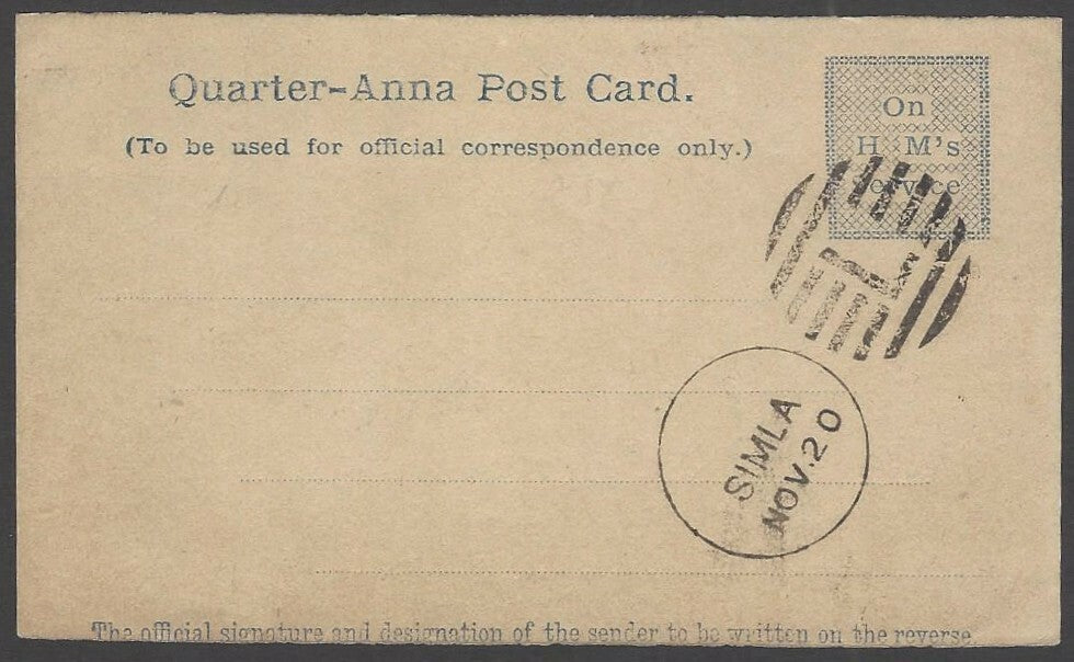 India On H M’s Service 1/4a postal card canc. SIMLA / L duplex
