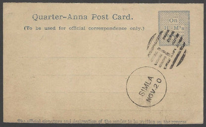 India On H M’s Service 1/4a postal card canc. SIMLA / L duplex