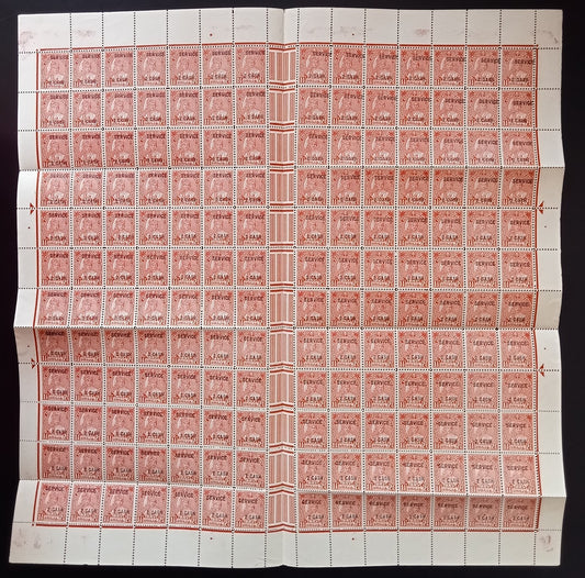 India Travancore Off 1943-5 2ca/1 1/2ch scarlet compound perf sheet. SG O106b