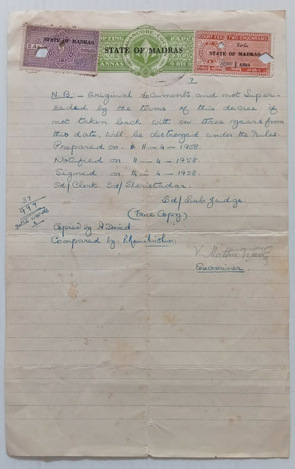 AOP India Travancore Court Fees & stamp paper ovpt STATE OF MADRAS