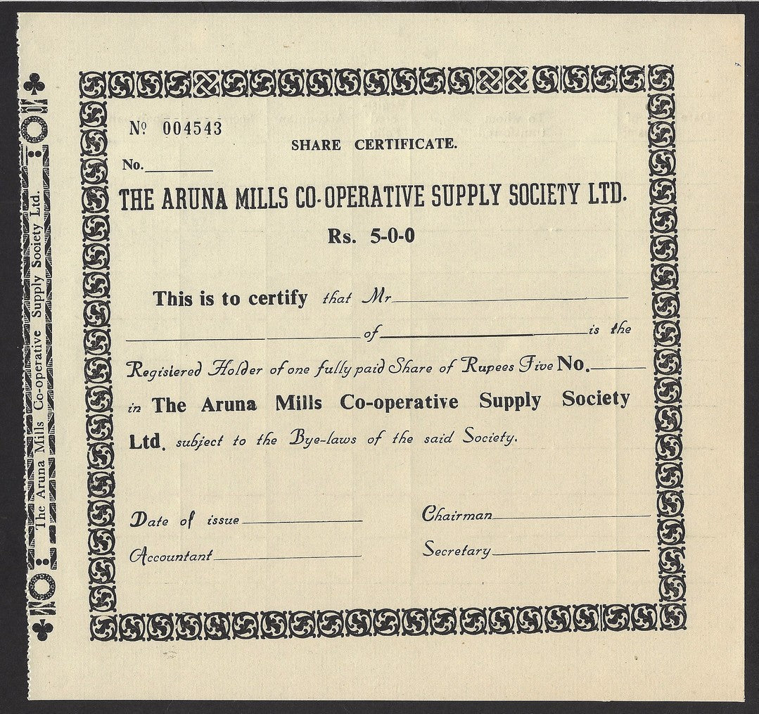 India Aruna Mills share certificate UNUSED