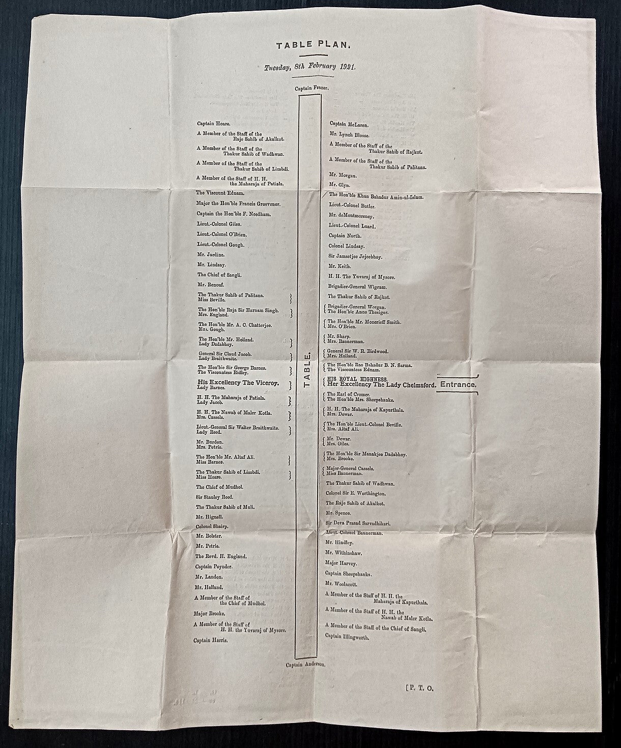 1921 Duke of Connaught INDIA VISIT 8th Feb 1921 Dinner Table Plan 34x42cm
