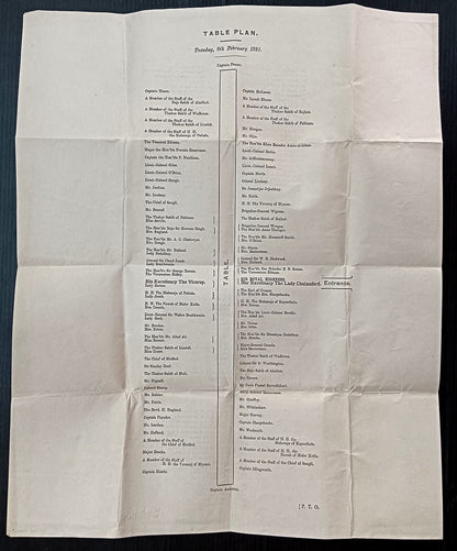 1921 Duke of Connaught INDIA VISIT 8th Feb 1921 Dinner Table Plan 34x42cm