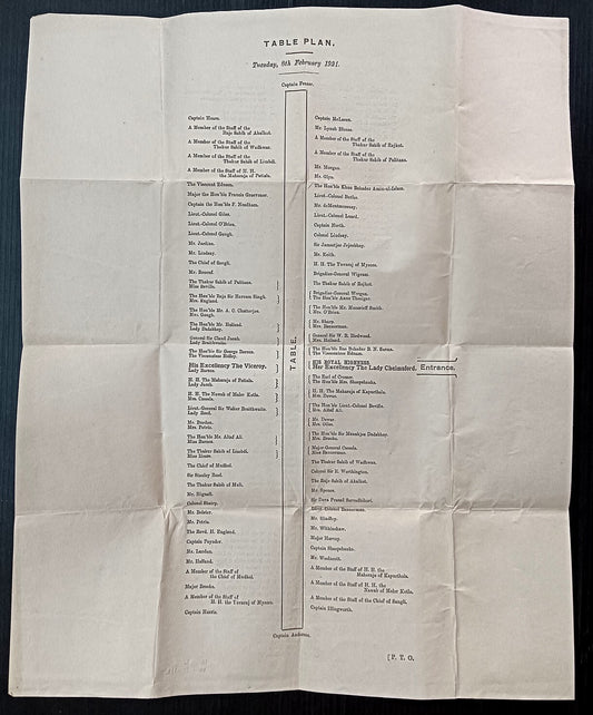 1921 Duke of Connaught INDIA VISIT 8th Feb 1921 Dinner Table Plan 34x42cm