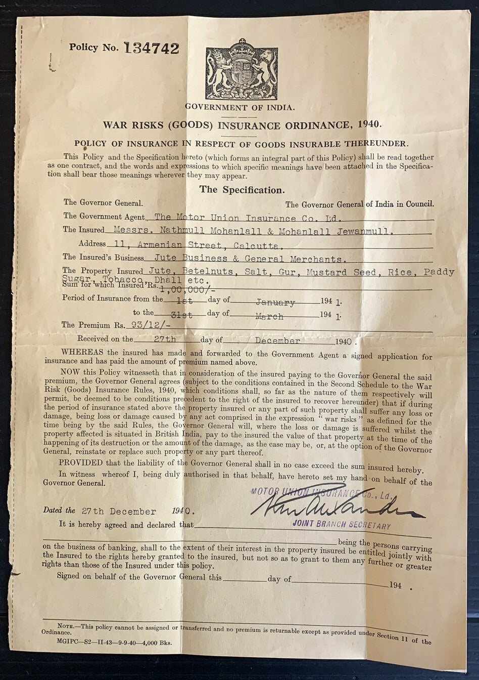 AOPIMT Government of India War Risks Insurance Ordinance 1941