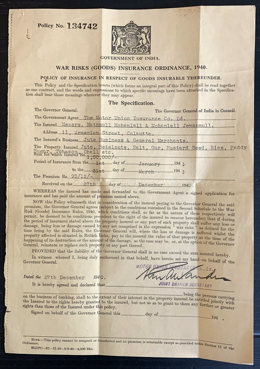 AOPIMT Government of India War Risks Insurance Ordinance 1941