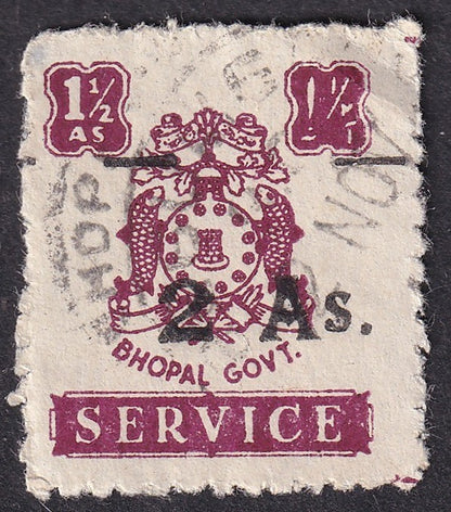 India Bhopal State 1949 2a on 1 1/2a used with misplaced overprint. SG O356