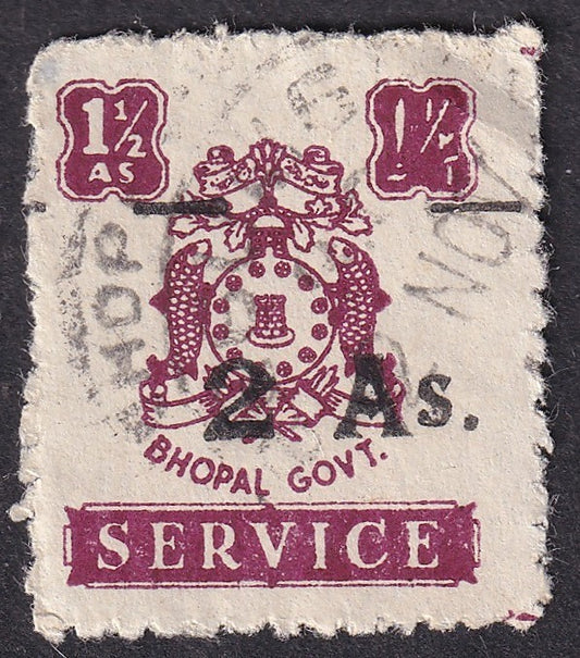 India Bhopal State 1949 2a on 1 1/2a used with misplaced overprint. SG O356