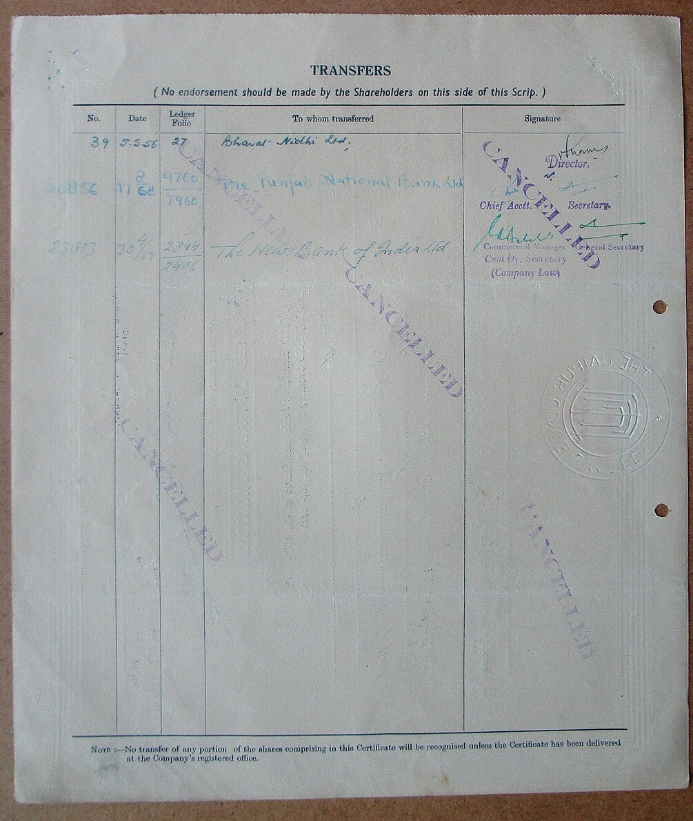 India The Jaipur Udyog Limited 1951 share certificate