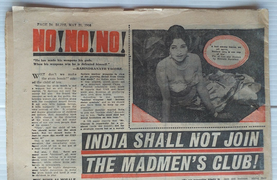 INDIA SHALL NOT JOIN THE MADMEN’S NUCLEAR CLUB Blitz 1966 issue