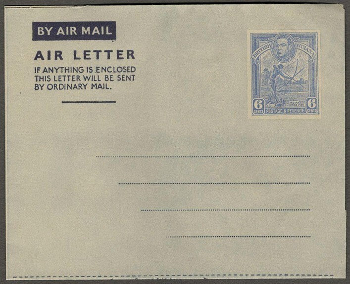 (AOP) British Guiana 1953 6c Indian Shooting Fish aerogramme unused. HG #FG9
