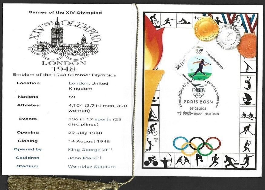 India 2024 Paris Olympics souvenir with 1948 London, UK Olympics cachet