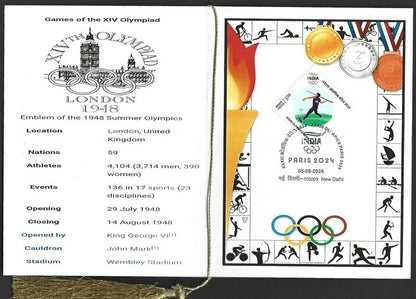 India 2024 Paris Olympics souvenir with 1948 London, UK Olympics cachet