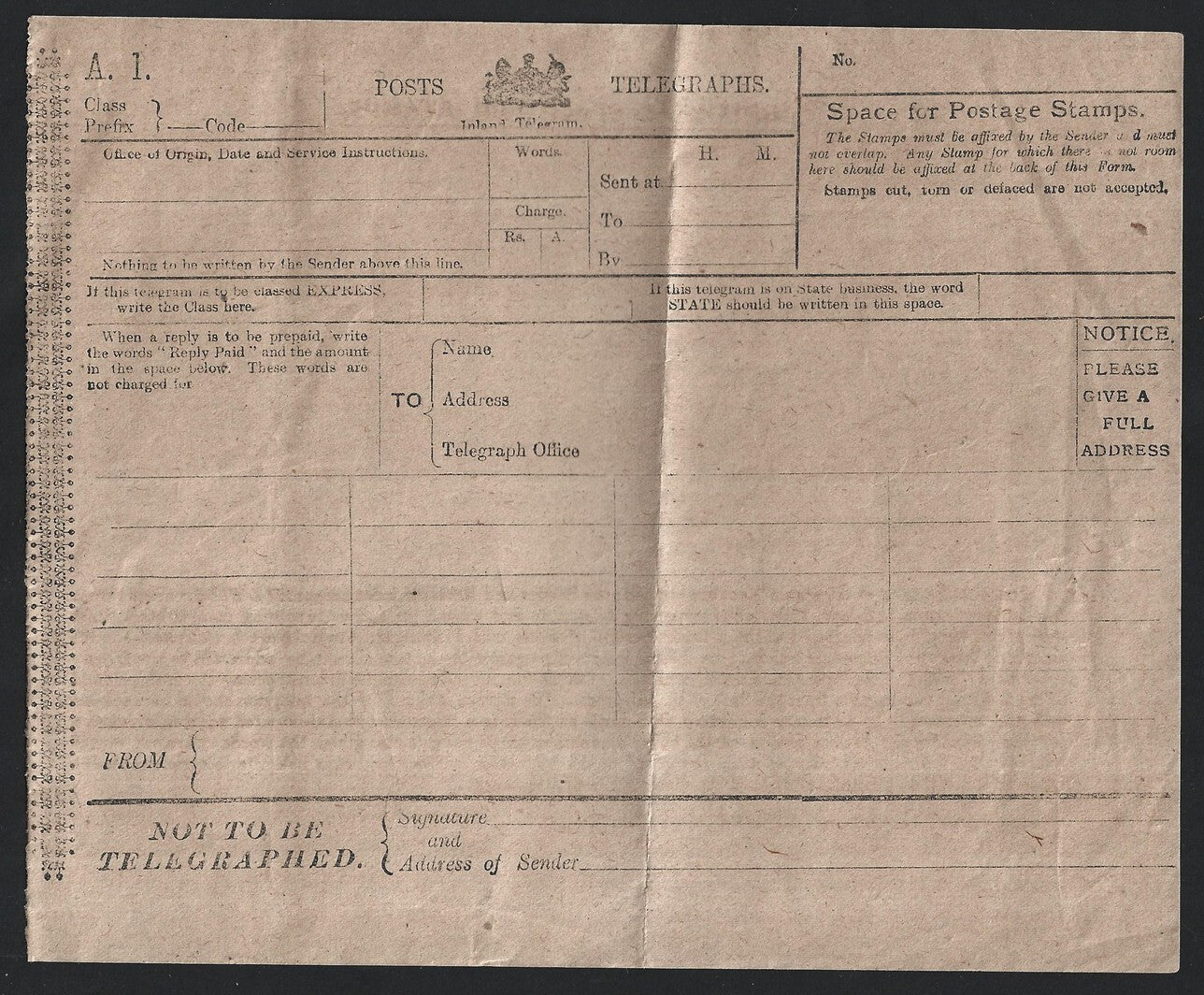 India 1926 telegram with counterfoil unused