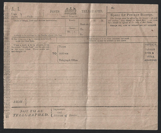 India 1926 telegram with counterfoil unused